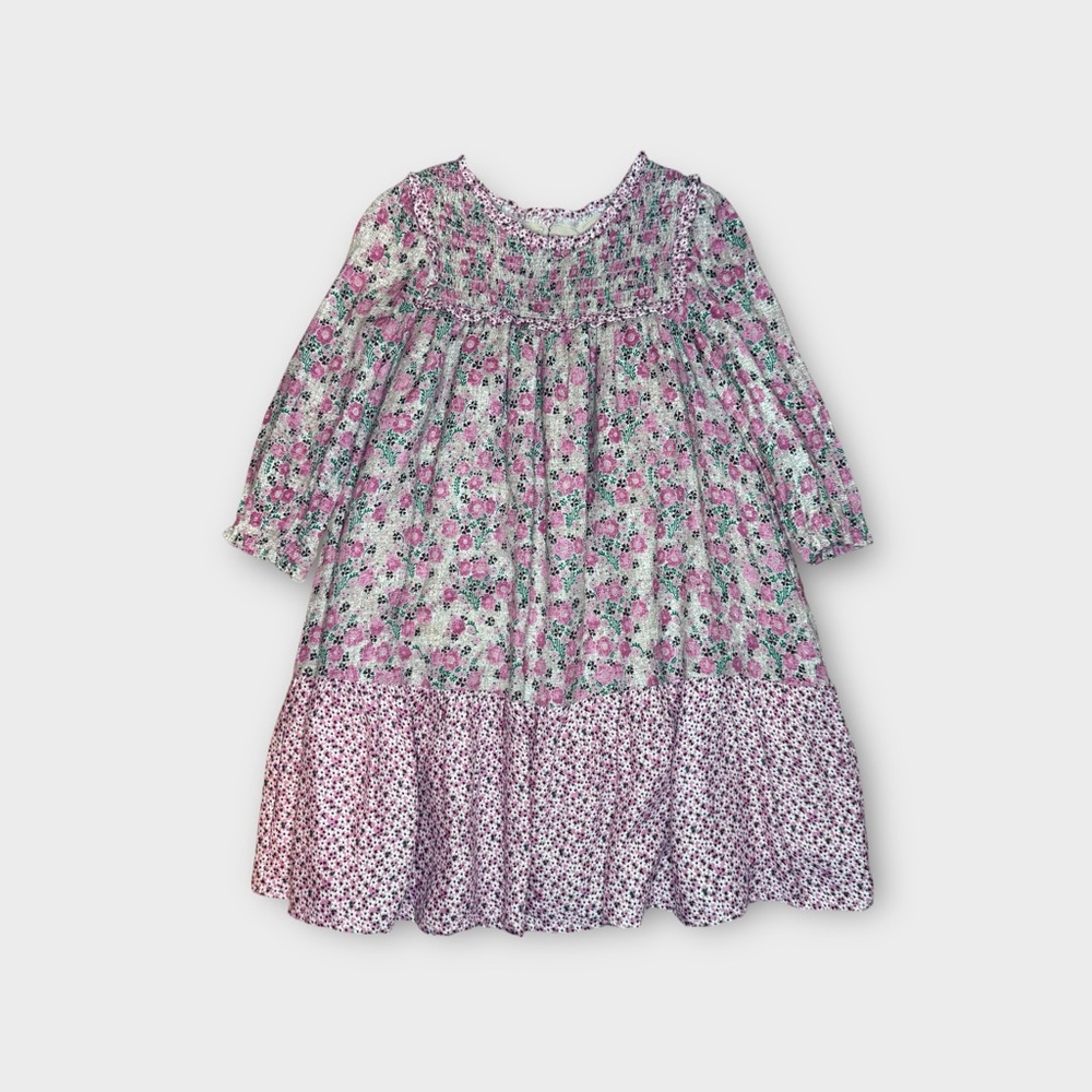 Monsoon Pink Floral Smocked Mixed Pattern Long Sleeve Dress